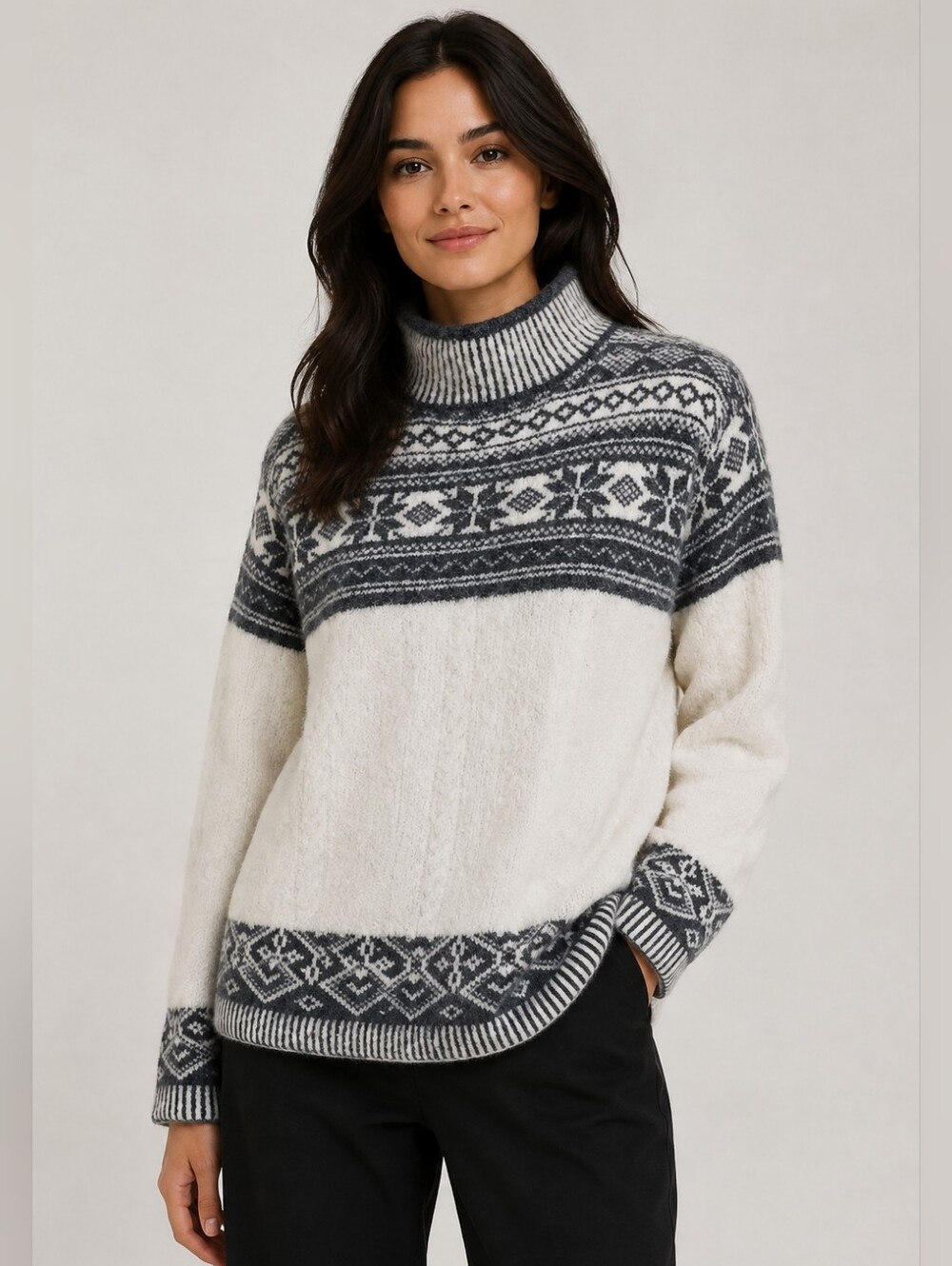 Rosanna Fair Isle Mock Neck Lambswool Angora Blend Sweater, Size L
